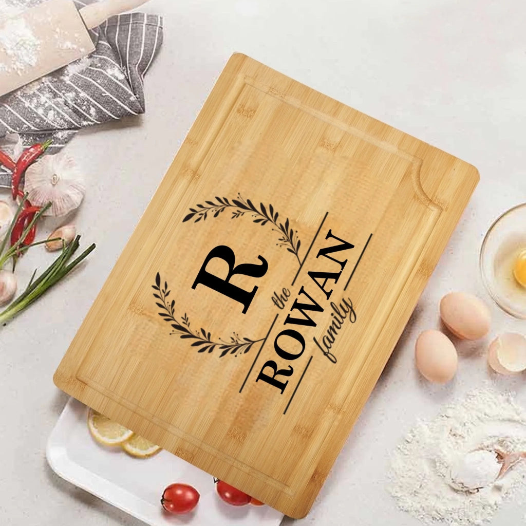 Personalized Engraved Wreath Monogram FSC Bamboo Charcuterie Cutting Board with Initial and Juice Groove Housewarming Birthday Gift for Family 1029616 - DiyGiftly