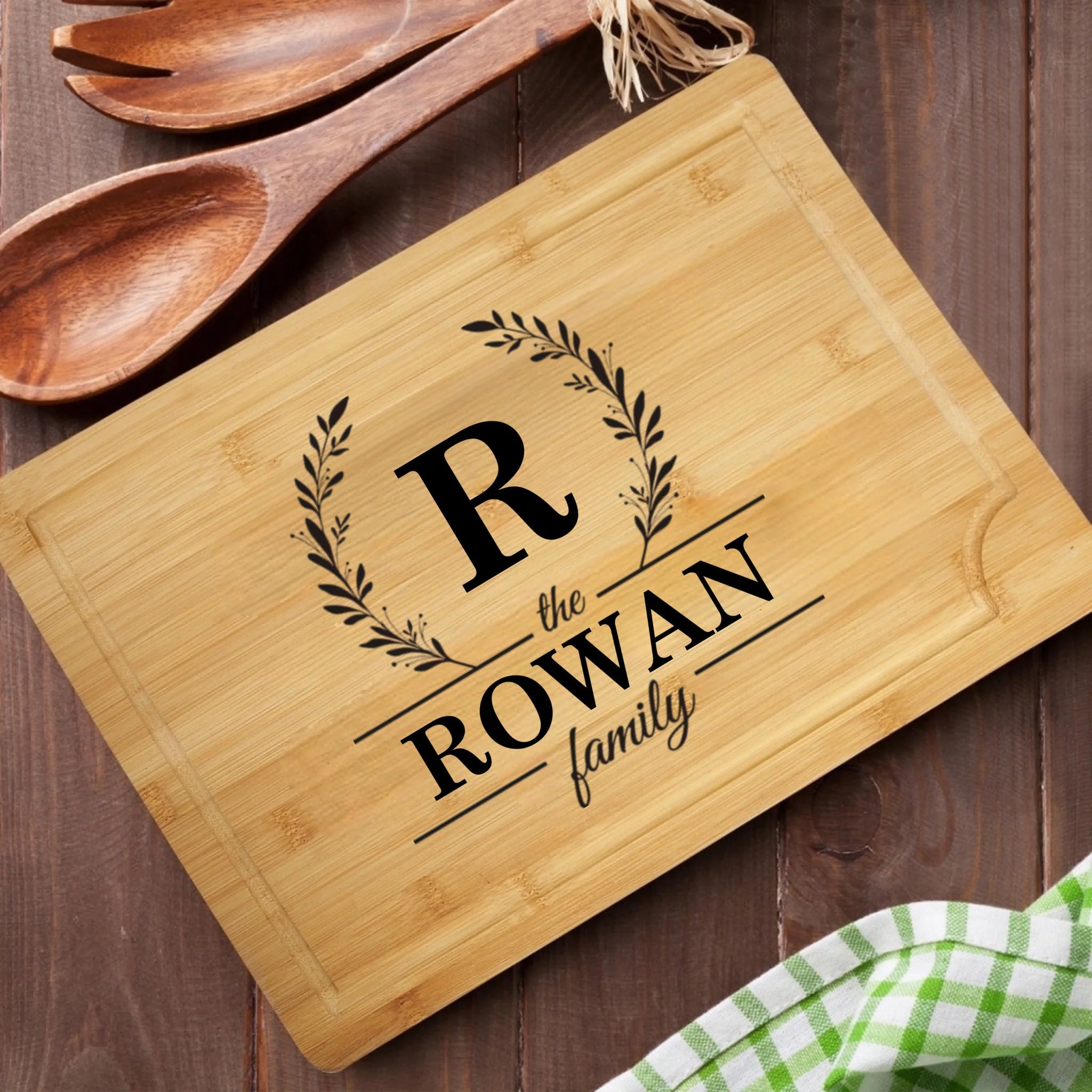 Personalized Engraved Wreath Monogram FSC Bamboo Charcuterie Cutting Board with Initial and Juice Groove Housewarming Birthday Gift for Family 1029616 - DiyGiftly