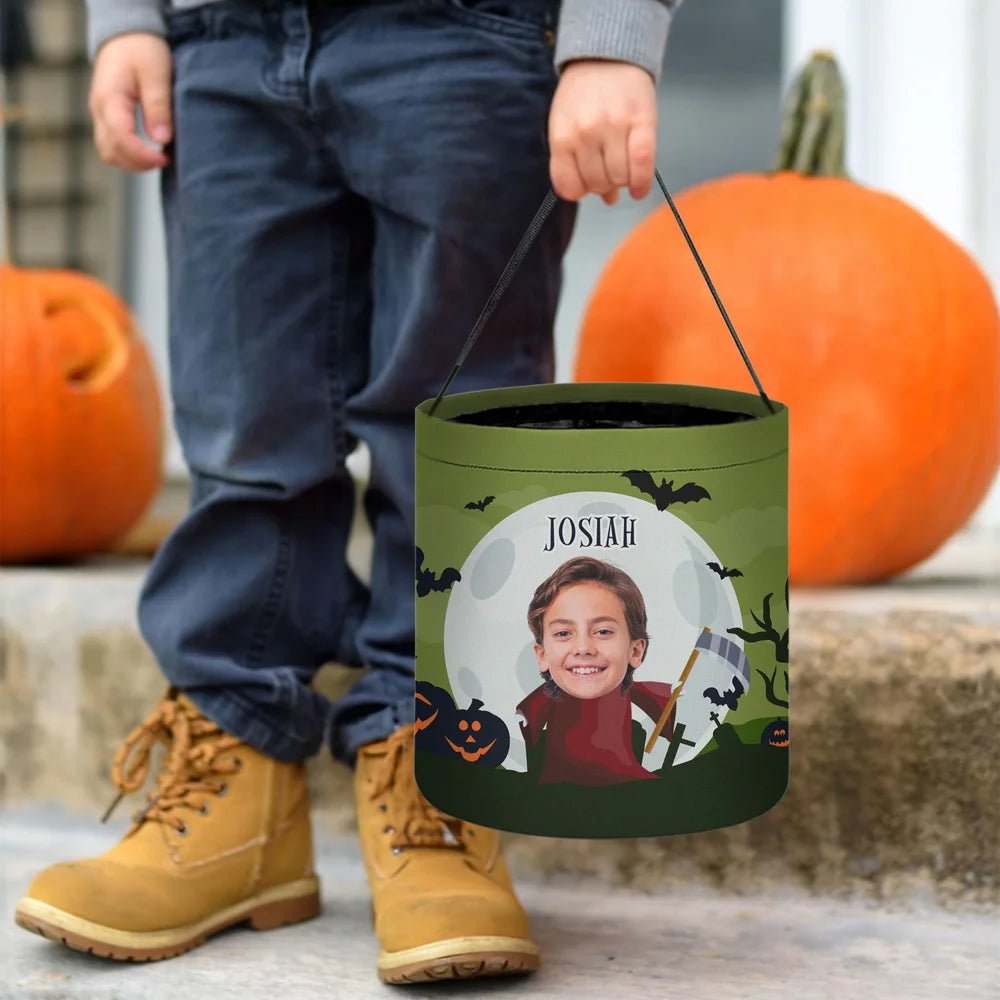 Personalized Face Photo Wizard Mummy Vampire Trick or Treat Bag Candy Bucket with Name Halloween Party Favors Gift for Boys Girls 90060288 - DiyGiftly