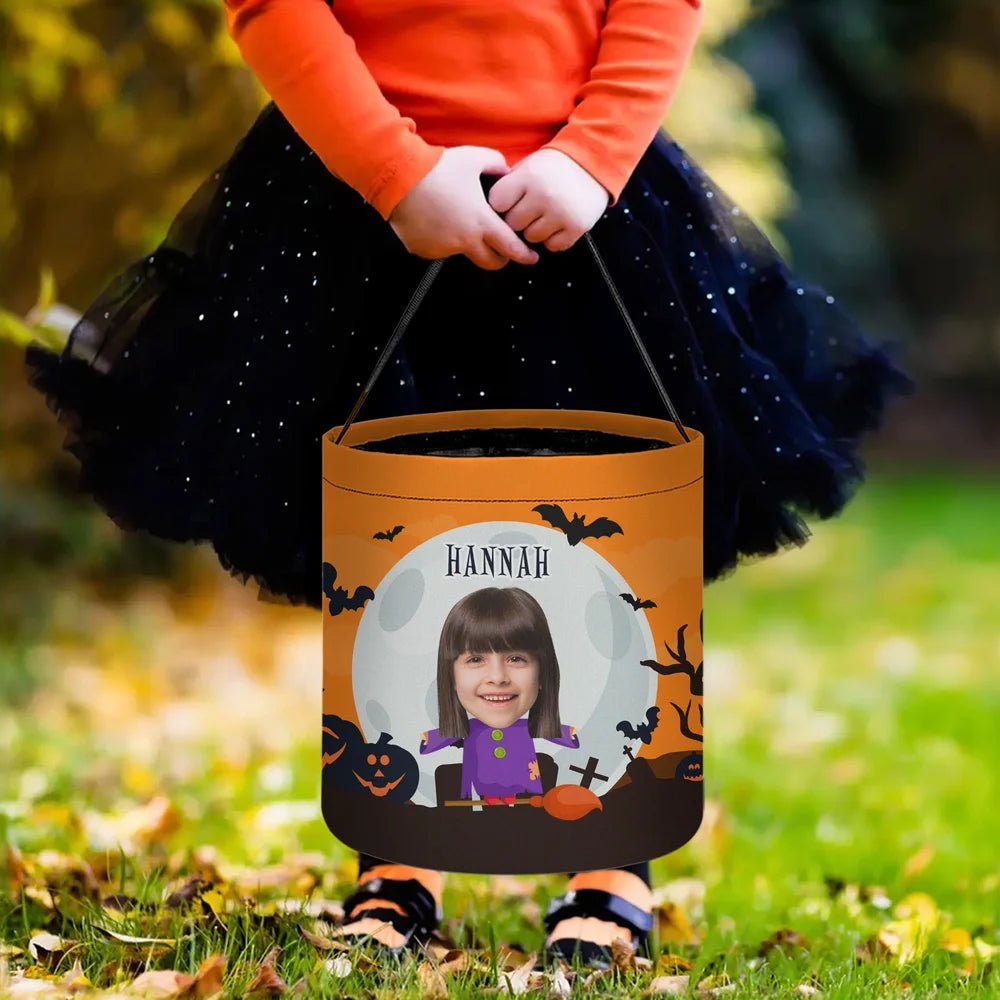 Personalized Face Photo Wizard Mummy Vampire Trick or Treat Bag Candy Bucket with Name Halloween Party Favors Gift for Boys Girls 90060288 - DiyGiftly