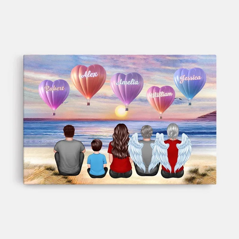 Personalized Family Sitting Back View Heart Air Balloons At Beach Poster, Gift for Family, Dad, Mom, Wife, Husband 741092 - 741235 - DiyGiftly