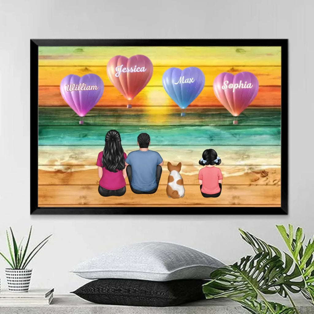 Personalized Family Sitting Back View Heart Air Balloons At Beach Poster, Gift for Family, Dad, Mom, Wife, Husband 741092 - 741235 - DiyGiftly