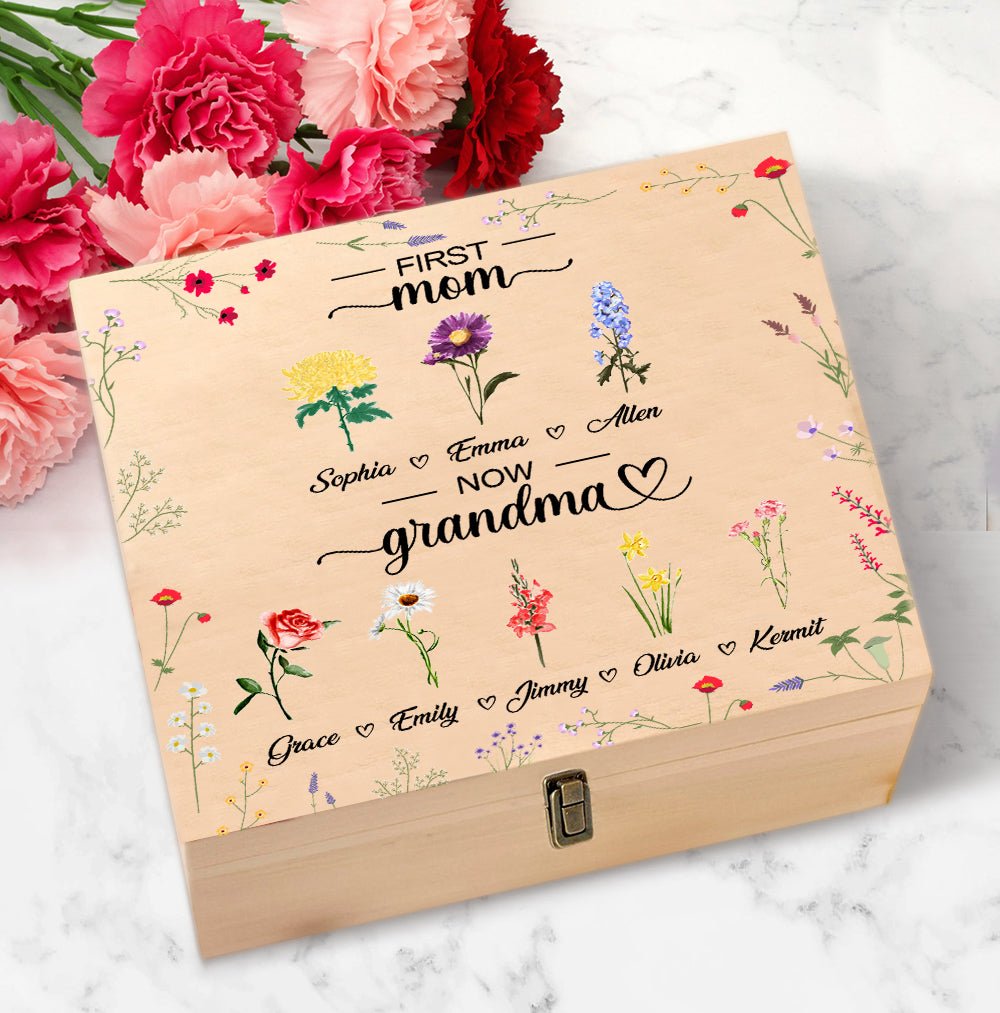 Personalized First Mom Now Grandma Keepsake Box Custom Birth Month Flowers Memory Box Gift For Grandma - DiyGiftly