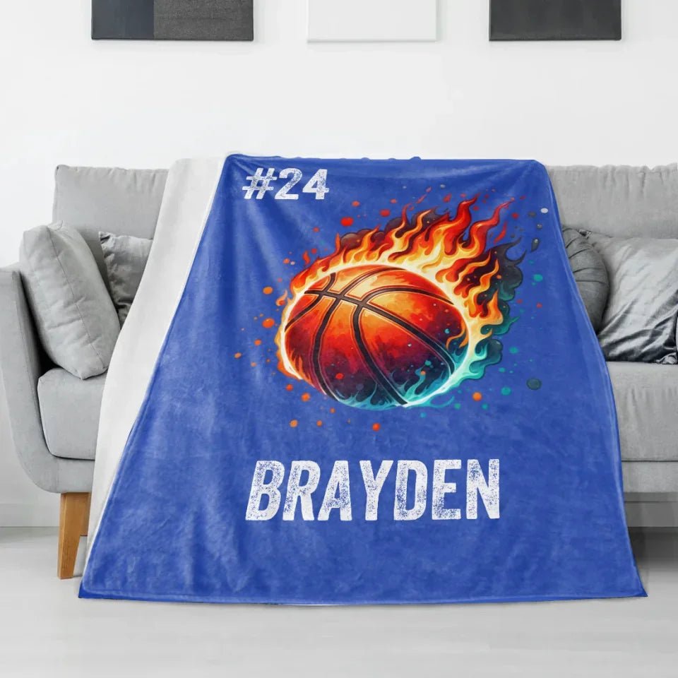 Personalized Flaming Basketball Football Sports Ball Design Soft Throw Blanket with Name and Number Birthday Match Day Gift for Team Ball Games Lovers 735490 - DiyGiftly