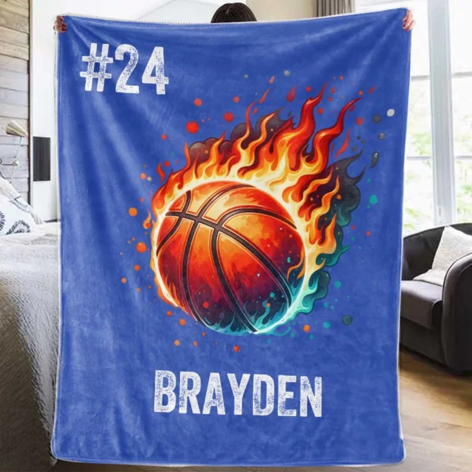 Personalized Flaming Basketball Football Sports Ball Design Soft Throw Blanket with Name and Number Birthday Match Day Gift for Team Ball Games Lovers 735490 - DiyGiftly