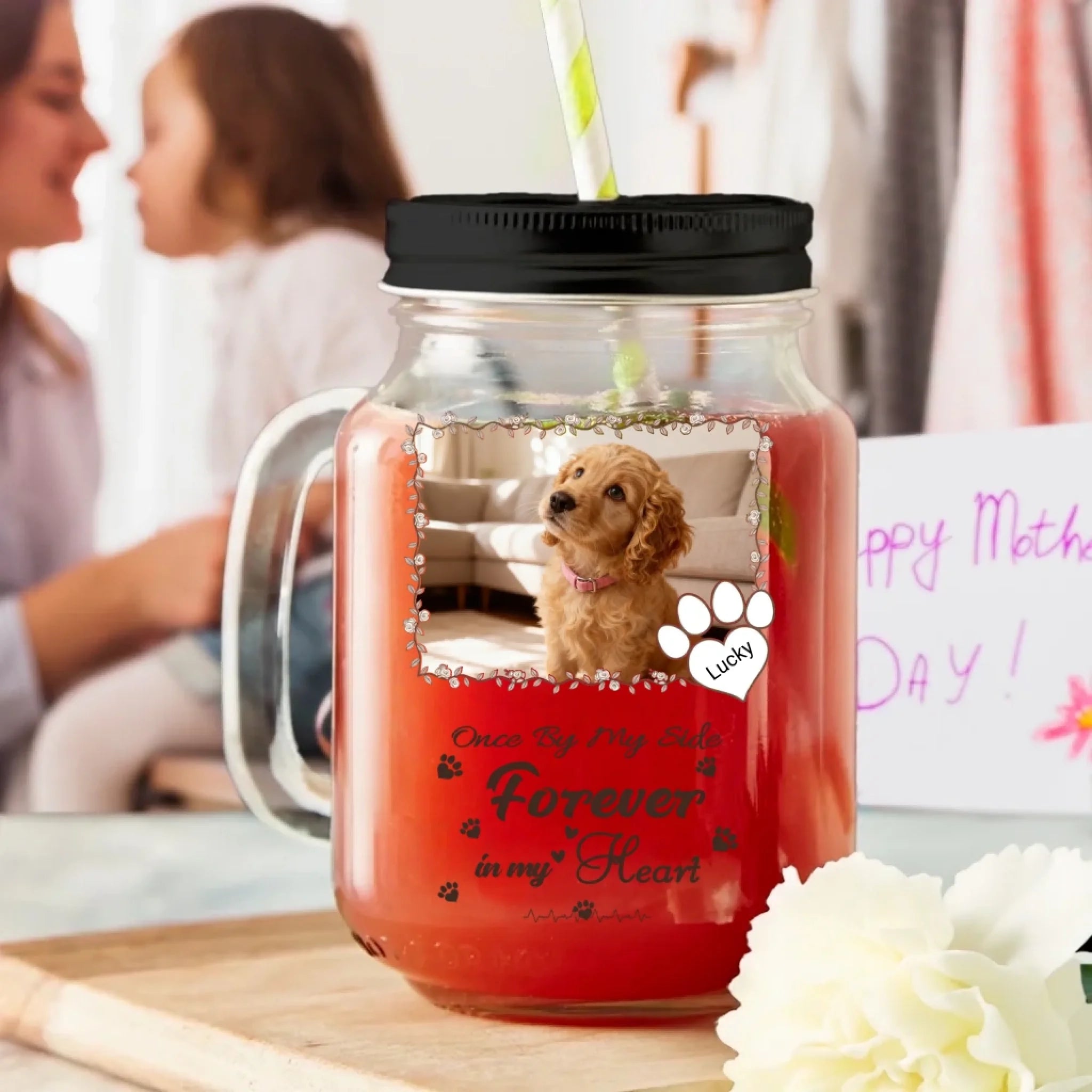 Personalized Forever Loved Pet Photo Paw Print Mason Jar 16oz Name Mason Jar with Handle Lid and Straw Lid Sympathy Pet Loss Memorial Gift for Pet Owners 1030448 - DiyGiftly