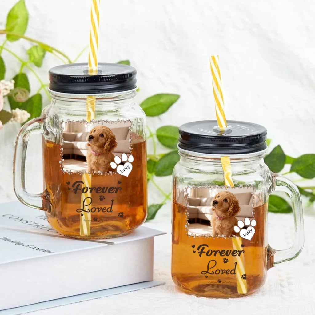 Personalized Forever Loved Pet Photo Paw Print Mason Jar 16oz Name Mason Jar with Handle Lid and Straw Lid Sympathy Pet Loss Memorial Gift for Pet Owners 1030448 - DiyGiftly