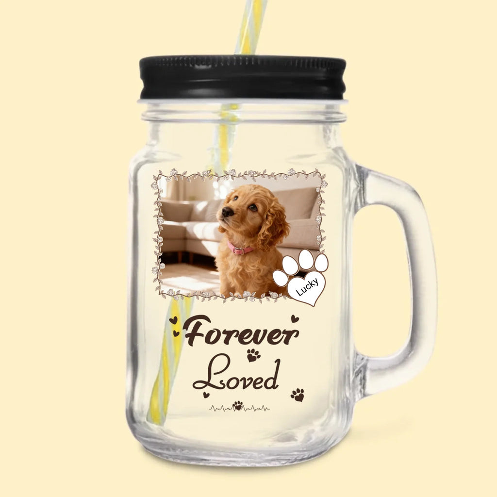 Personalized Forever Loved Pet Photo Paw Print Mason Jar 16oz Name Mason Jar with Handle Lid and Straw Lid Sympathy Pet Loss Memorial Gift for Pet Owners 1030448 - DiyGiftly