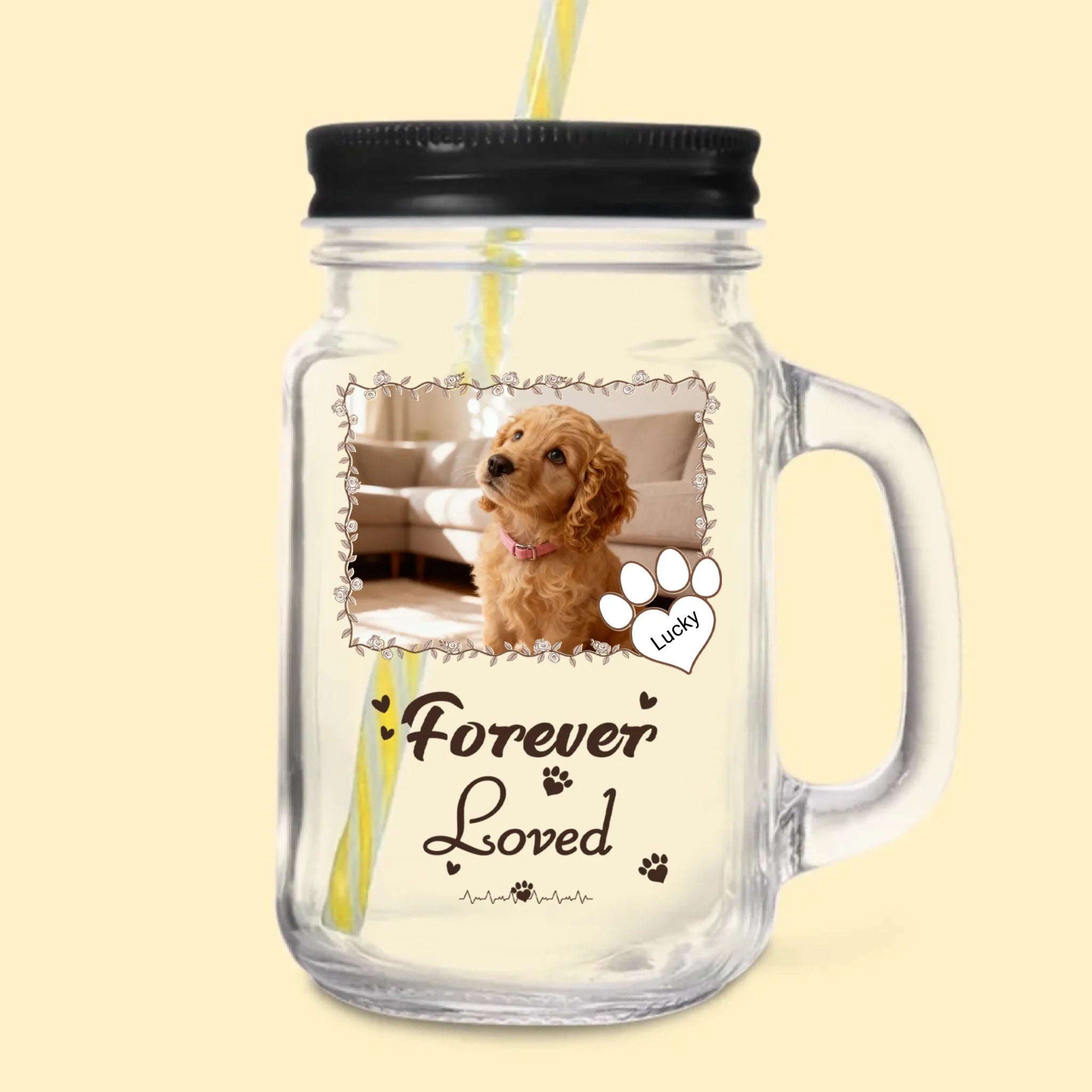 Personalized Forever Loved Pet Photo Paw Print Mason Jar 16oz Name Mason Jar with Handle Lid and Straw Lid Sympathy Pet Loss Memorial Gift for Pet Owners 1030448 - DiyGiftly
