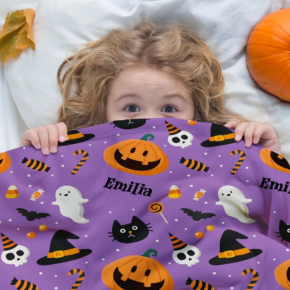 Personalized Ghost Bat Pumpkin Design Soft Throw Blanket with Name Halloween Home Decor Gift for Kids 27752448 - DiyGiftly