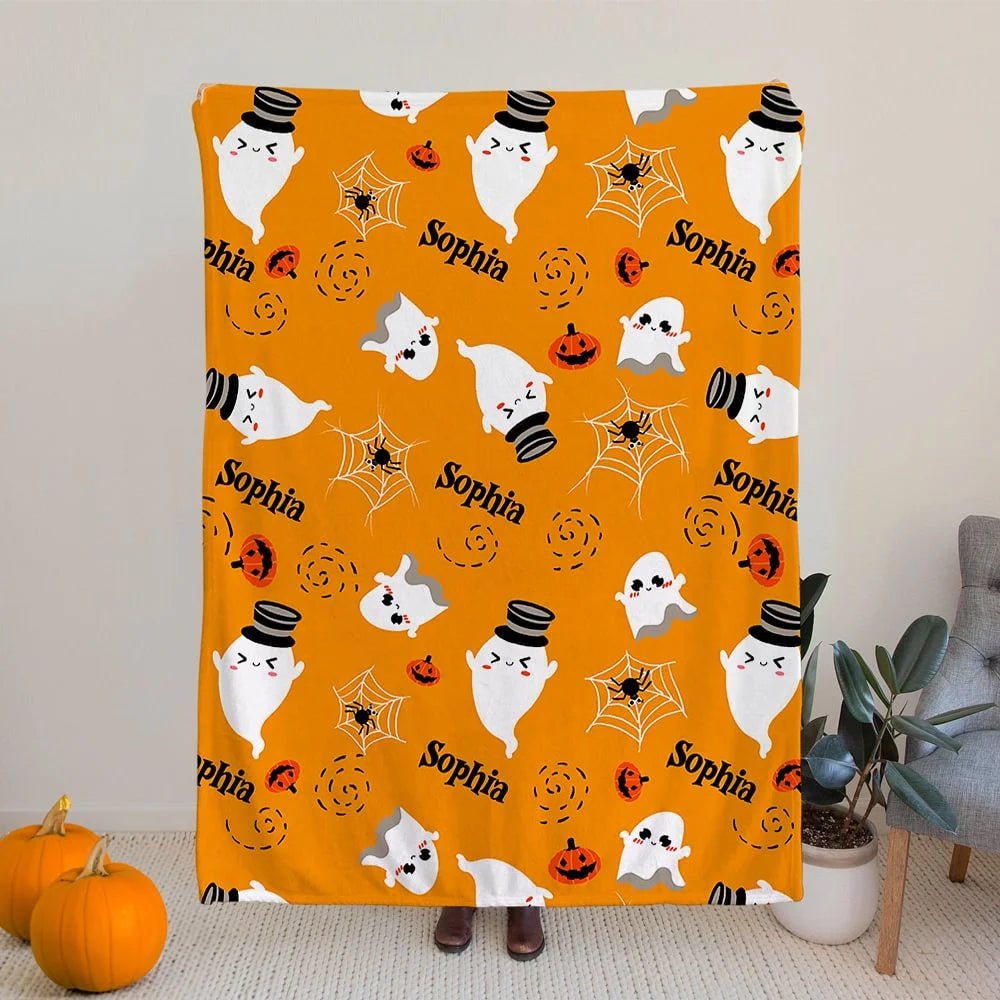 Personalized Ghost Bat Pumpkin Design Soft Throw Blanket with Name Halloween Home Decor Gift for Kids 27752448 - DiyGiftly