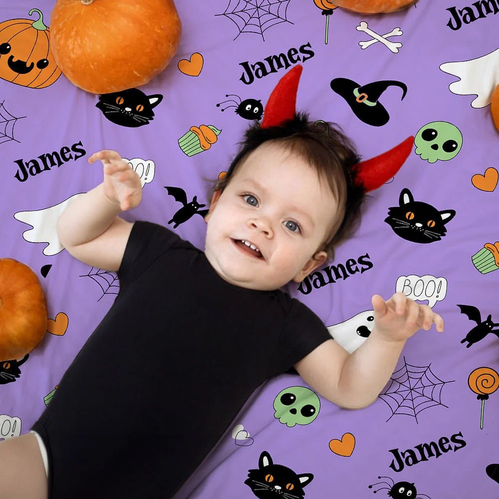 Personalized Ghost Bat Pumpkin Design Soft Throw Blanket with Name Halloween Home Decor Gift for Kids 27752448 - DiyGiftly