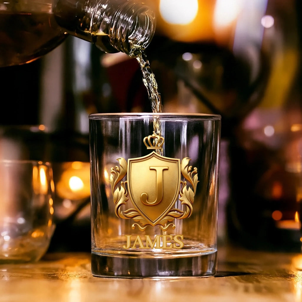 Personalized Golden 3D Badge Whiskey Glass – Custom Initial & Name Engraved 11 oz Rocks Glass for Men – Old Fashioned Bourbon Glass Birthday Gift for Him, Bartender, Whiskey Lovers & Enthusiasts – Luxury Personalized Barware 1065473 - DiyGiftly