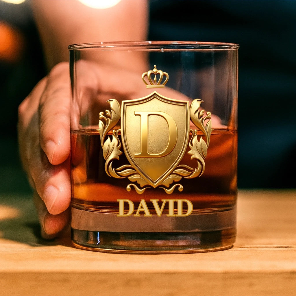 Personalized Golden 3D Badge Whiskey Glass – Custom Initial & Name Engraved 11 oz Rocks Glass for Men – Old Fashioned Bourbon Glass Birthday Gift for Him, Bartender, Whiskey Lovers & Enthusiasts – Luxury Personalized Barware 1065473 - DiyGiftly