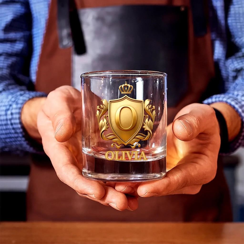 Personalized Golden 3D Badge Whiskey Glass – Custom Initial & Name Engraved 11 oz Rocks Glass for Men – Old Fashioned Bourbon Glass Birthday Gift for Him, Bartender, Whiskey Lovers & Enthusiasts – Luxury Personalized Barware 1065473 - DiyGiftly
