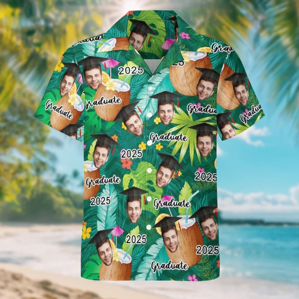 Personalized Graduation Cap Face Photo Hawaiian Shirt with Name and Year Graduation Party Summer Vacation Beach Party Gift for Man 08940288 - DiyGiftly