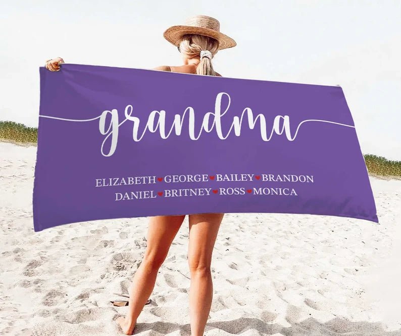 Personalized Grandma Mom Beach Towel, Birthday Gift For Mama Gigi Dad, Family Vacation Gift,Grandpa Bath Pool Towel, Mother's Day Gift 97210368 - DiyGiftly