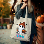 Personalized Halloween Cute Ghost Large Canvas Tote Bag with Name Halloween Gift for Family 62529024 - DiyGiftly