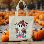 Personalized Halloween Cute Ghost Large Canvas Tote Bag with Name Halloween Gift for Family 62529024 - DiyGiftly