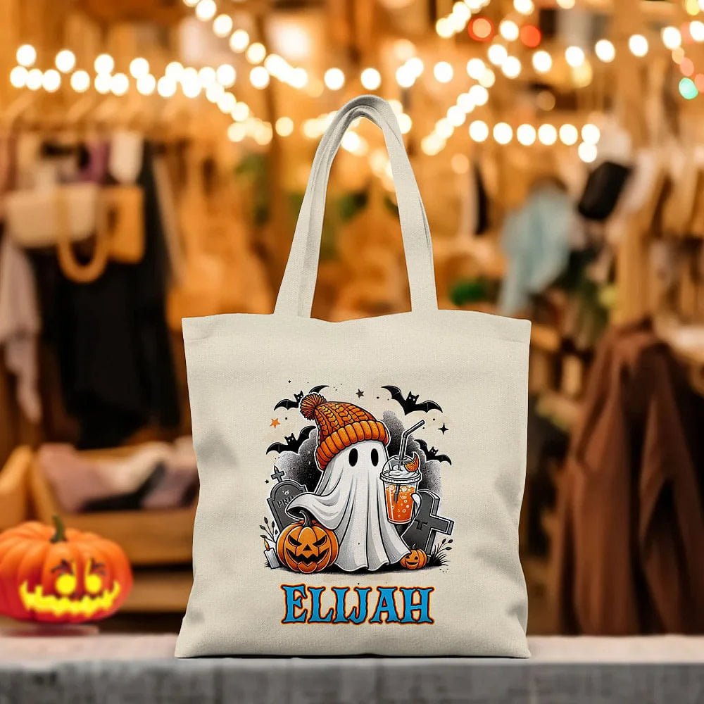 Personalized Halloween Cute Ghost Large Canvas Tote Bag with Name Halloween Gift for Family 62529024 - DiyGiftly