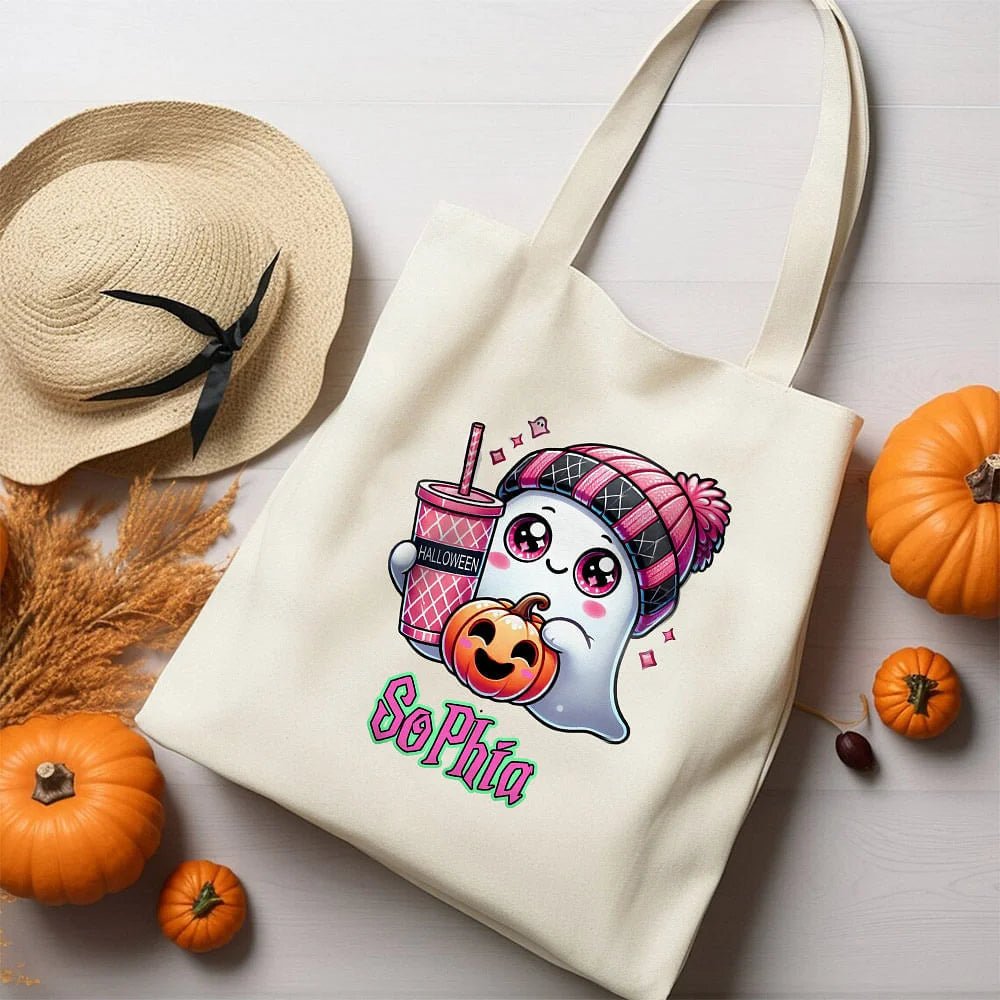 Personalized Halloween Cute Ghost Large Canvas Tote Bag with Name Halloween Gift for Family 62529024 - DiyGiftly