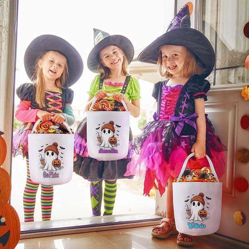 Personalized Halloween Cute Ghost Trick or Treat Candy Bucket Bag with Name Halloween Party Gift for Kids 75124480 - DiyGiftly