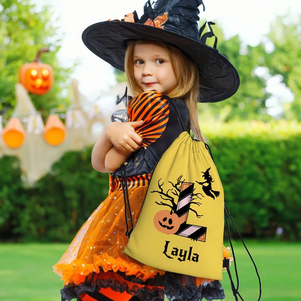 Personalized Halloween Witch Pumpkin Drawstring Snack Candy Bag with Initial and Name Trick or Treat Gift for Kids 34205440 - DiyGiftly