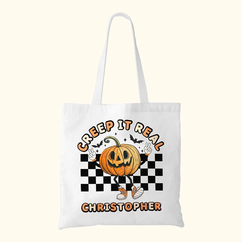 Personalized Happy Halloween Creep It Real Treat Bag Ghost Spooky Skeleton Pumpkin Tote Bag Home Decoration Halloween Gift for Family Friends 38431488 - DiyGiftly