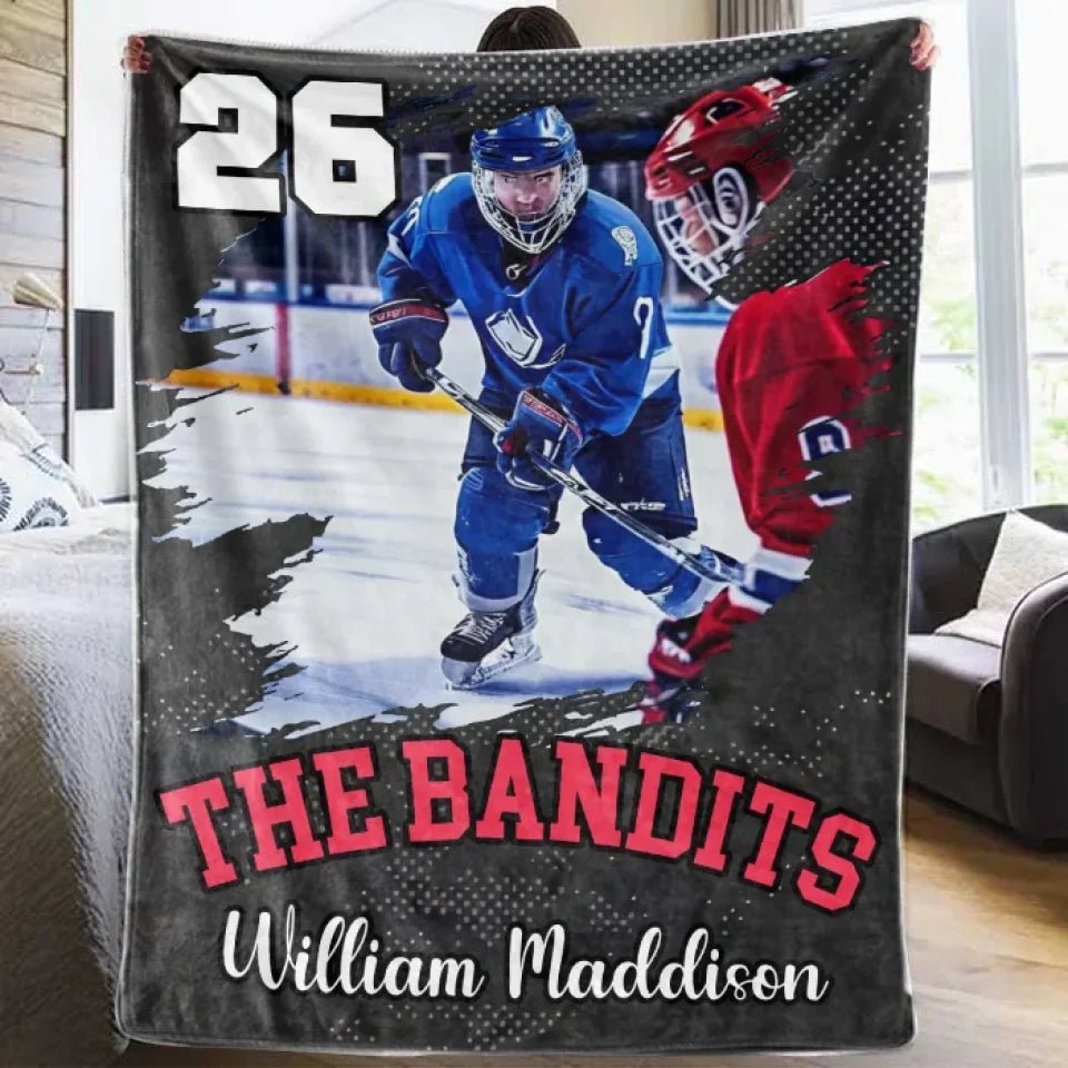 Personalized Hockey Player Photo Blanket, Custom Name & Number Hockey Throw Blankets, Hockey Blanket, Sport Blanket 747871 - DiyGiftly