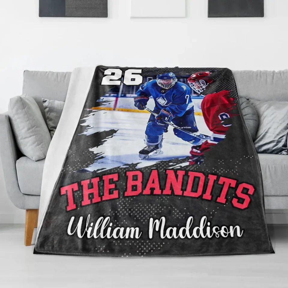 Personalized Hockey Player Photo Blanket, Custom Name & Number Hockey Throw Blankets, Hockey Blanket, Sport Blanket 747871 - DiyGiftly