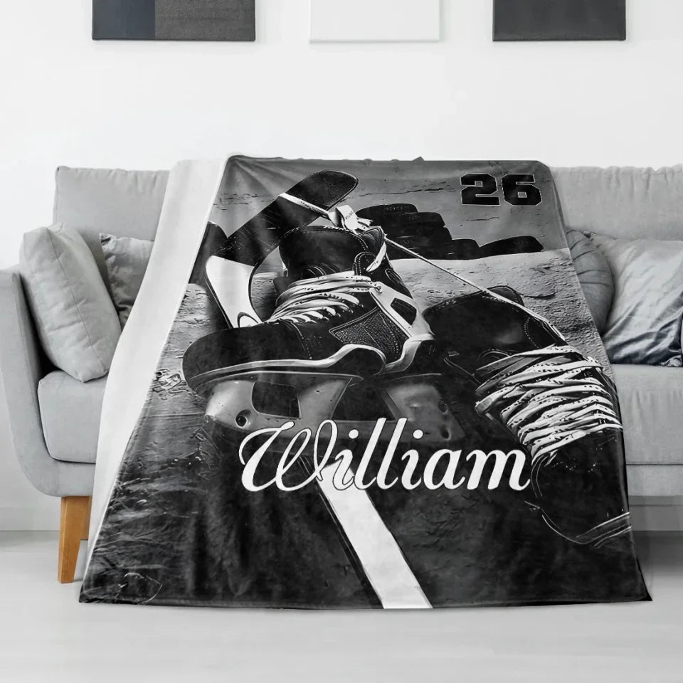 Personalized hockey stick and shoe blanket 742480 - DiyGiftly