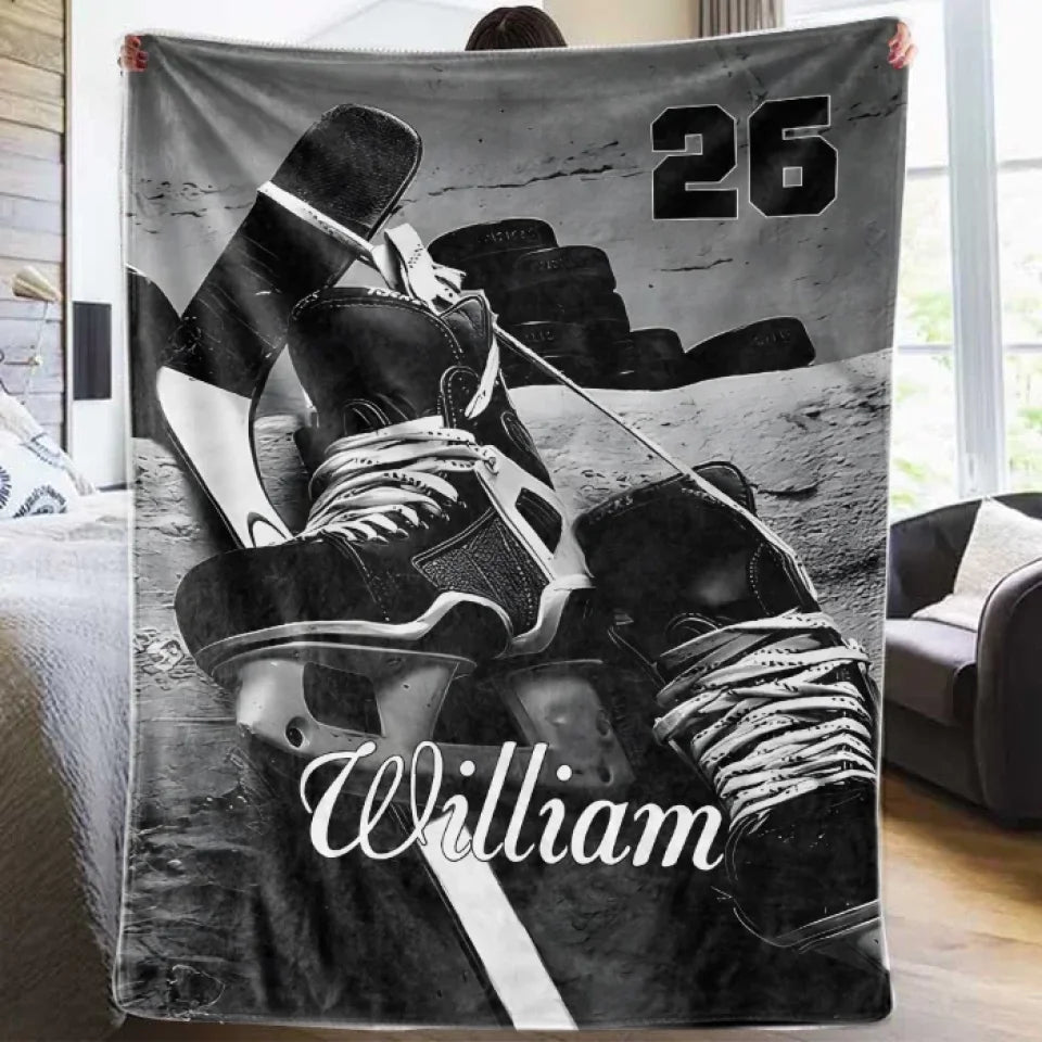 Personalized hockey stick and shoe blanket 742480 - DiyGiftly