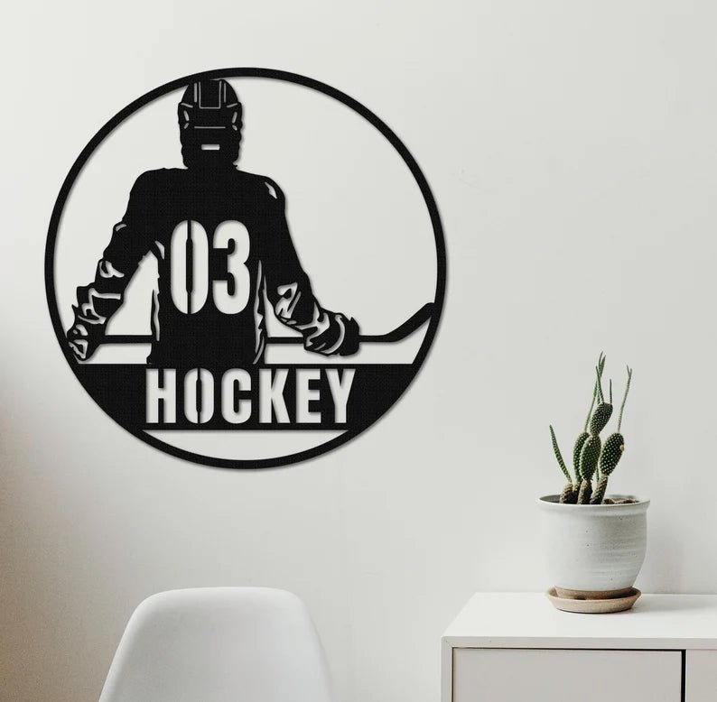 Personalized Hockey Wall Art – Custom Name & Number Metal Sign, Sports Room Decor for Teen Boys, Man Cave Wall Hanging, Hockey Player Gift, Team Coach Present, Bedroom Decoration for Hockey Fans 49034496 - DiyGiftly