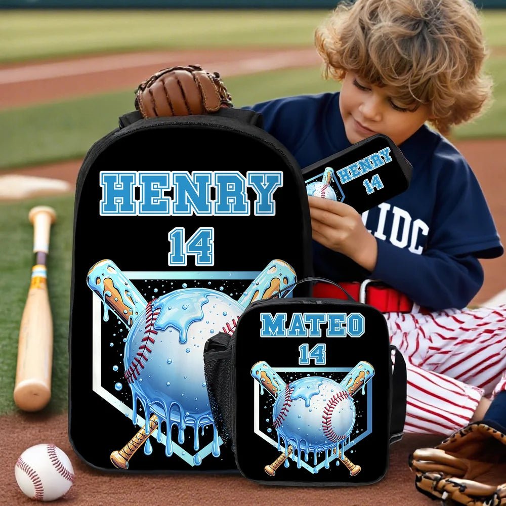 Personalized Ice Cream Dripping Baseball Backpack Lunch Bag Pencil Case Set with Name and Number Back to School Birthday Gift for Boys Girls 99439872 - DiyGiftly