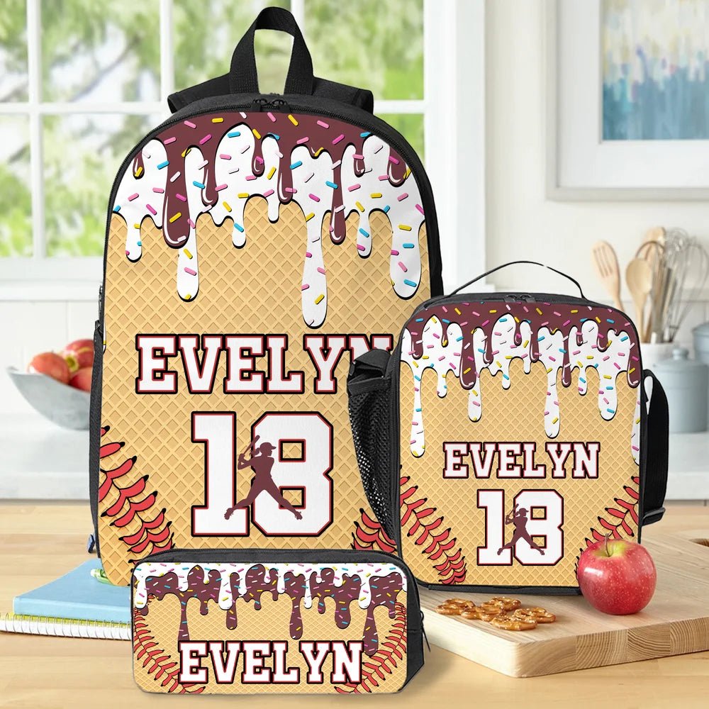 Personalized Ice Cream Dripping Baseball Sports Backpack Lunch Bag Pencil Case Set with Name and Number Back to School Gift for Kids Students 60279808 - DiyGiftly