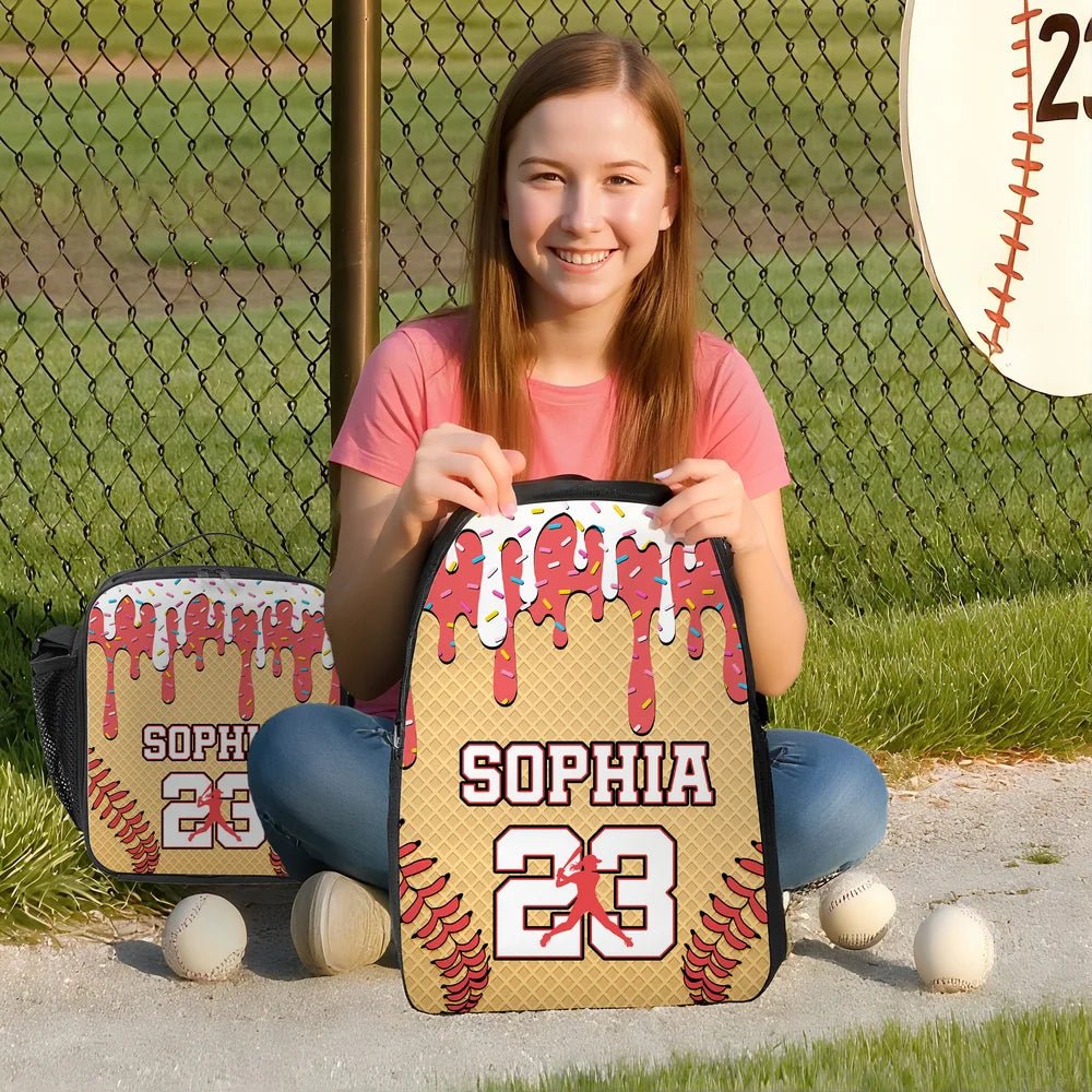 Personalized Ice Cream Dripping Baseball Sports Backpack Lunch Bag Pencil Case Set with Name and Number Back to School Gift for Kids Students 60279808 - DiyGiftly