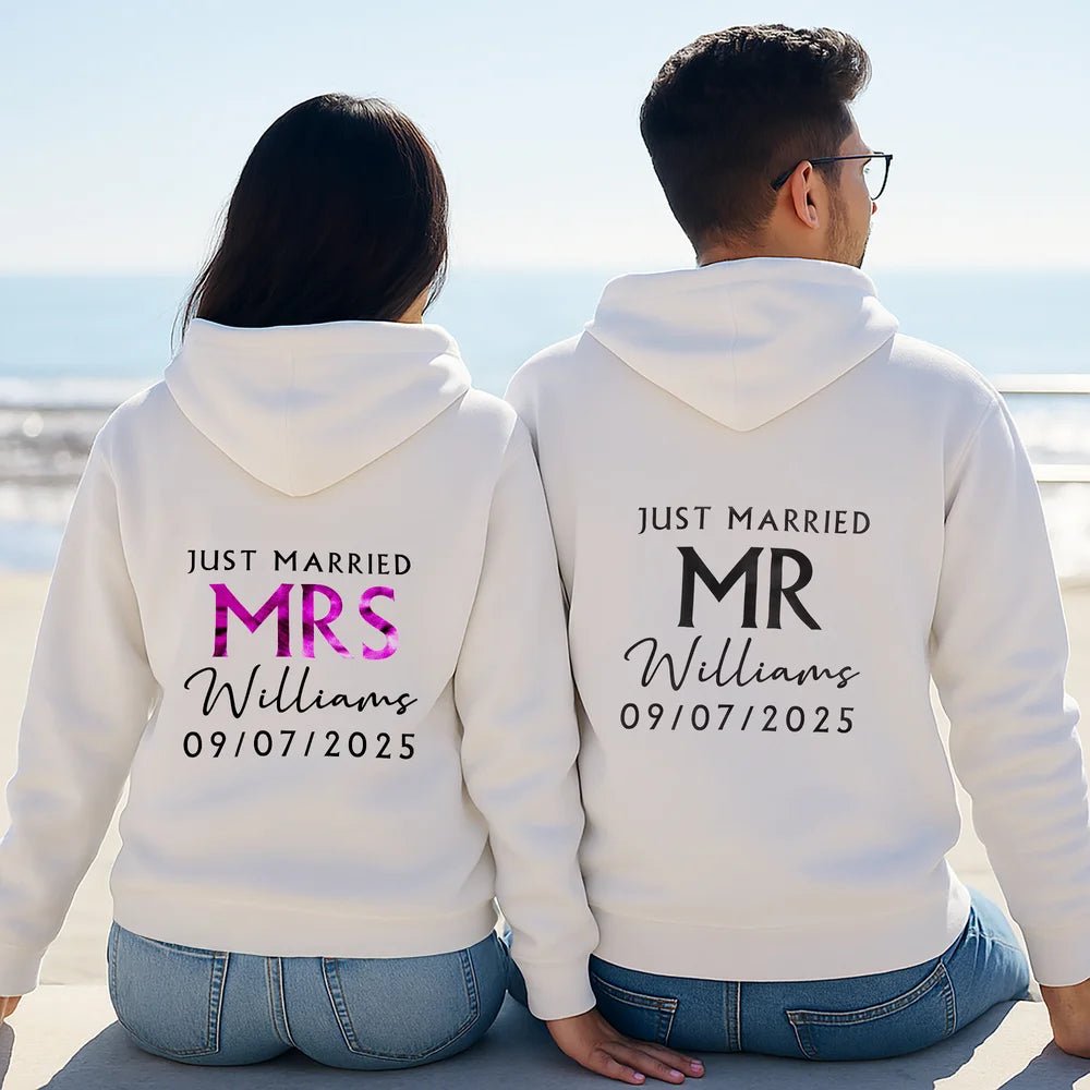 Personalized Just Married Mrs Mr Multicolor Hoodie with Name and Date Wedding Bridal Shower Honeymoon Gift for Bride Groom Couple 20320768 - DiyGiftly