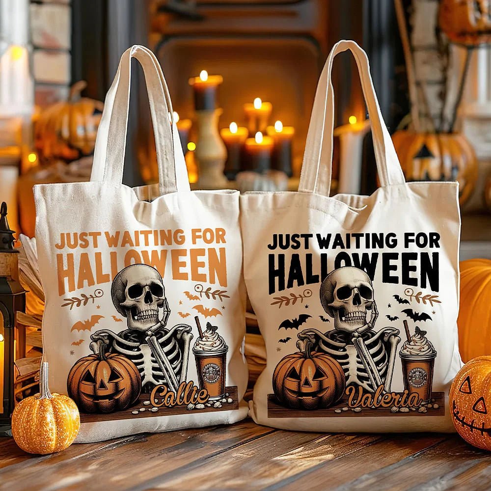 Personalized Just Waiting For Halloween Pumpkin Skull Reusable Canvas Tote Bag with Name Halloween Gift for Friend Family 17083648 - DiyGiftly