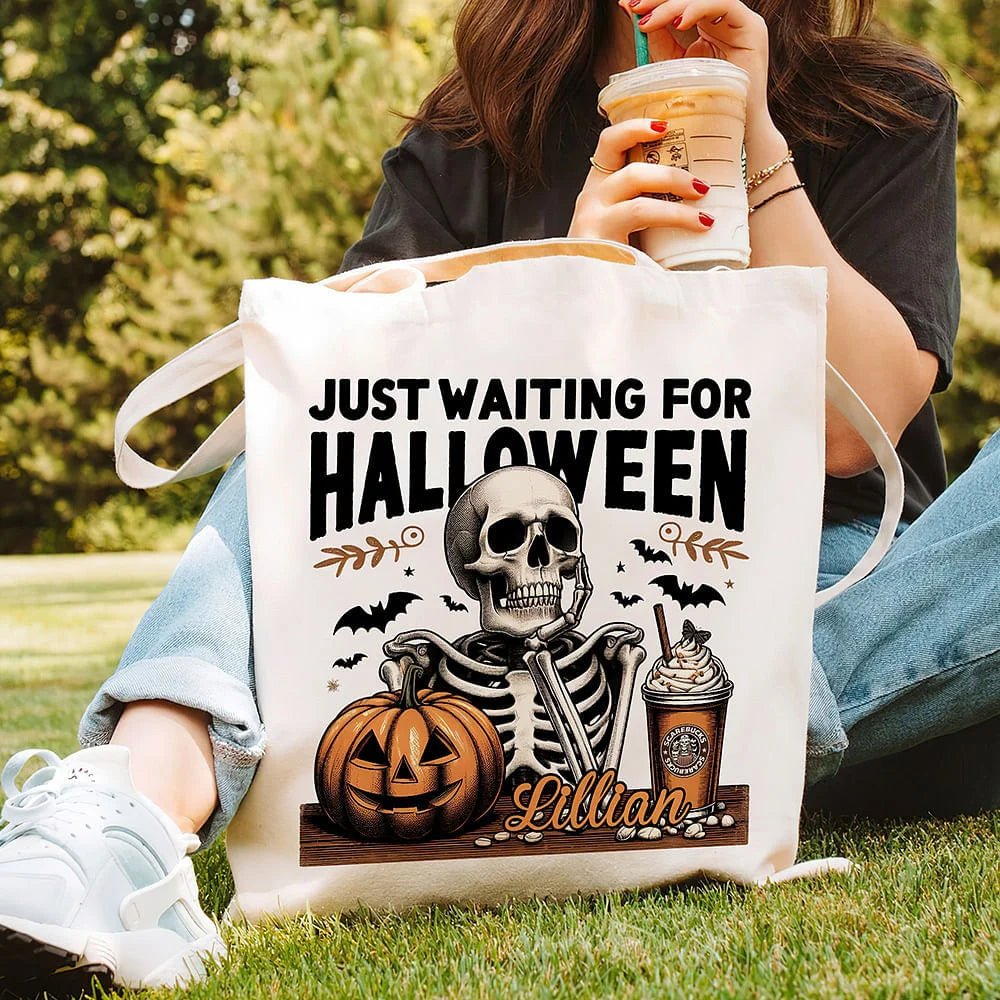 Personalized Just Waiting For Halloween Pumpkin Skull Reusable Canvas Tote Bag with Name Halloween Gift for Friend Family 17083648 - DiyGiftly
