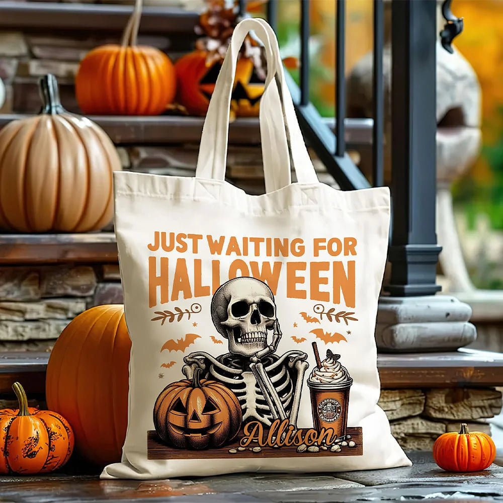 Personalized Just Waiting For Halloween Pumpkin Skull Reusable Canvas Tote Bag with Name Halloween Gift for Friend Family 17083648 - DiyGiftly