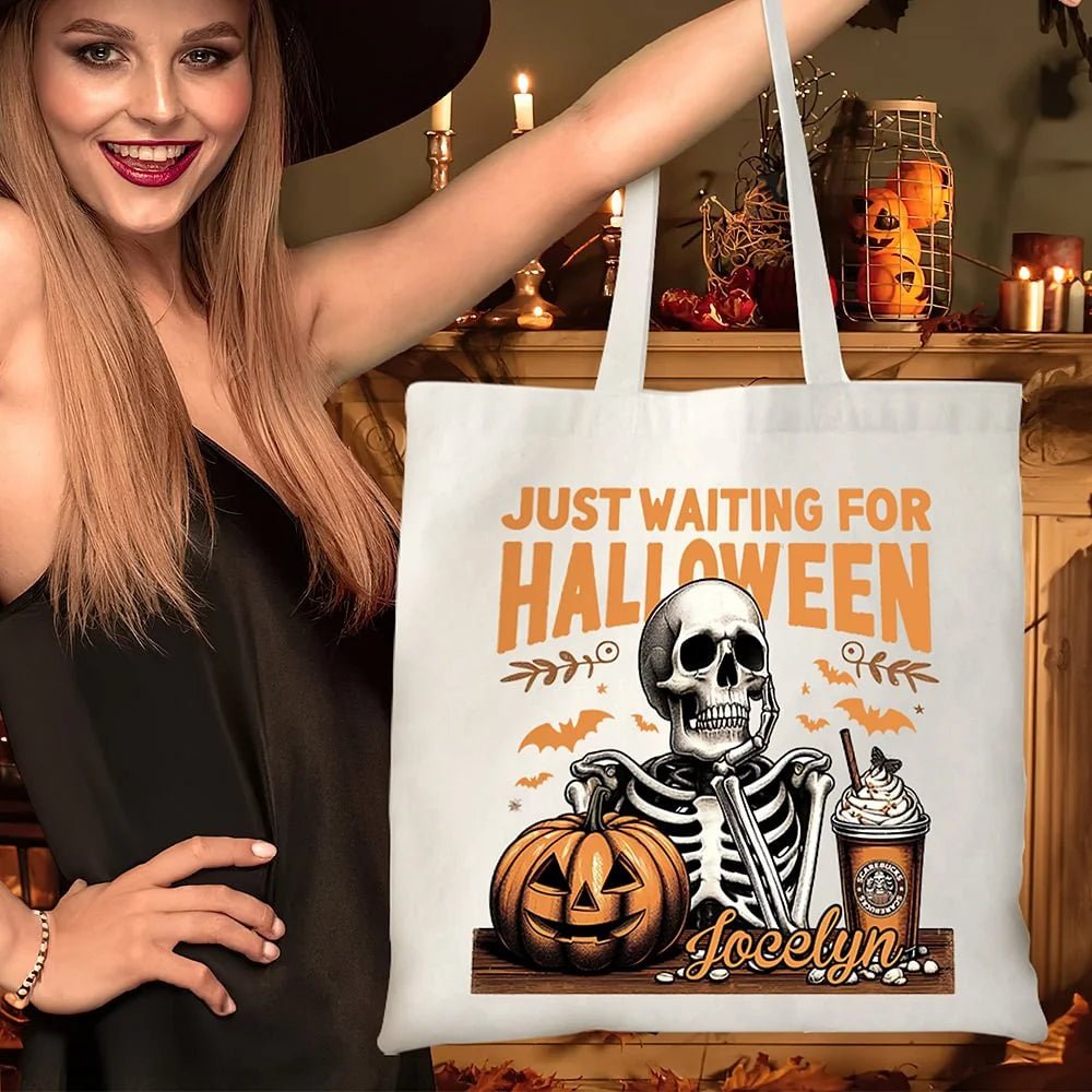 Personalized Just Waiting For Halloween Pumpkin Skull Reusable Canvas Tote Bag with Name Halloween Gift for Friend Family 17083648 - DiyGiftly