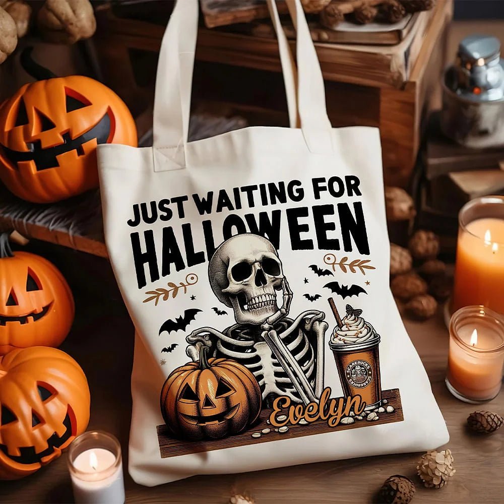 Personalized Just Waiting For Halloween Pumpkin Skull Reusable Canvas Tote Bag with Name Halloween Gift for Friend Family 17083648 - DiyGiftly