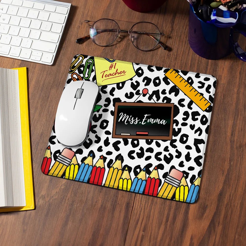 Personalized Leopard Pencil Apple Teacher Inspiration Non - slip Mouse Pad with Name Appreciation Back to School Gift for Teacher 65155584 - DiyGiftly