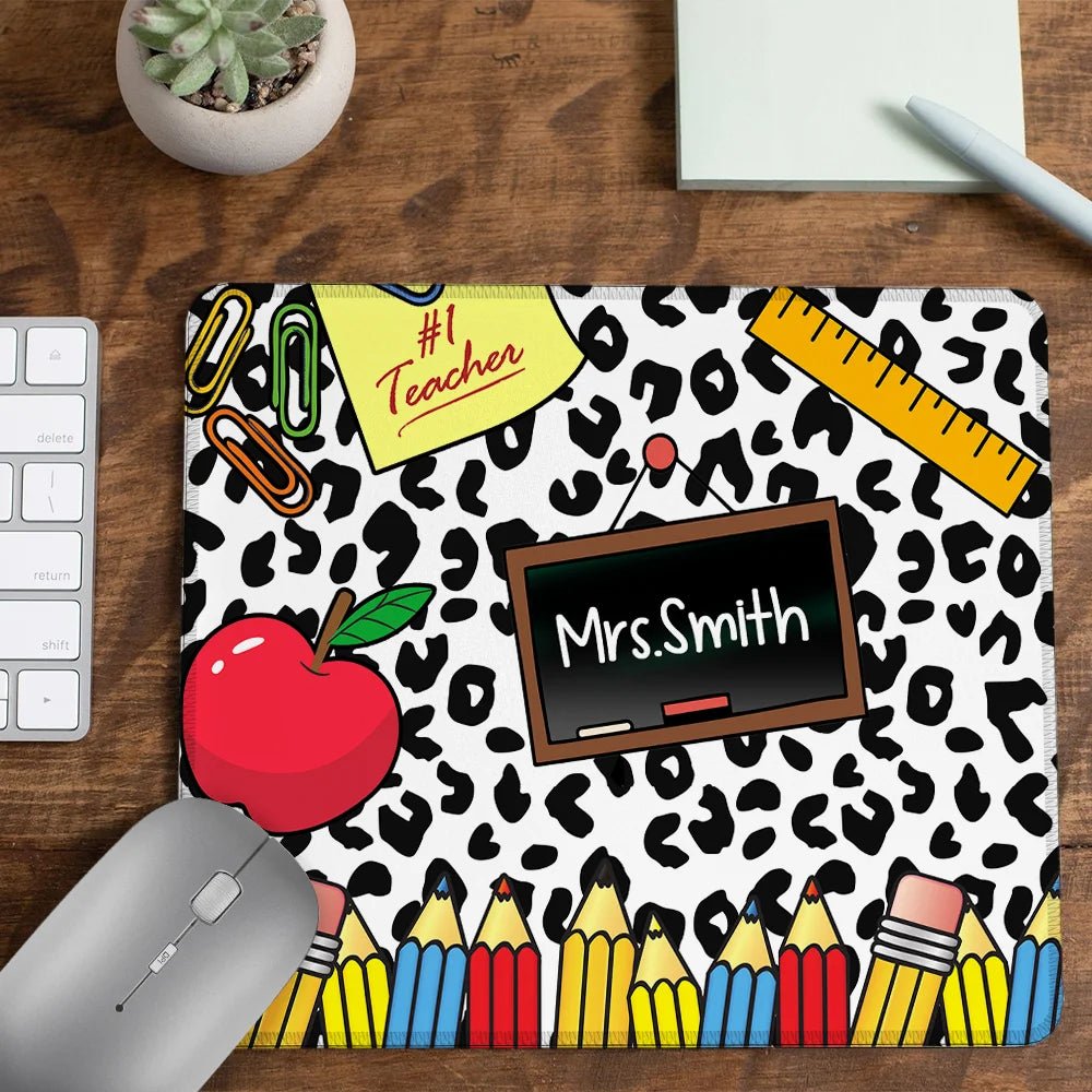 Personalized Leopard Pencil Apple Teacher Inspiration Non - slip Mouse Pad with Name Appreciation Back to School Gift for Teacher 65155584 - DiyGiftly