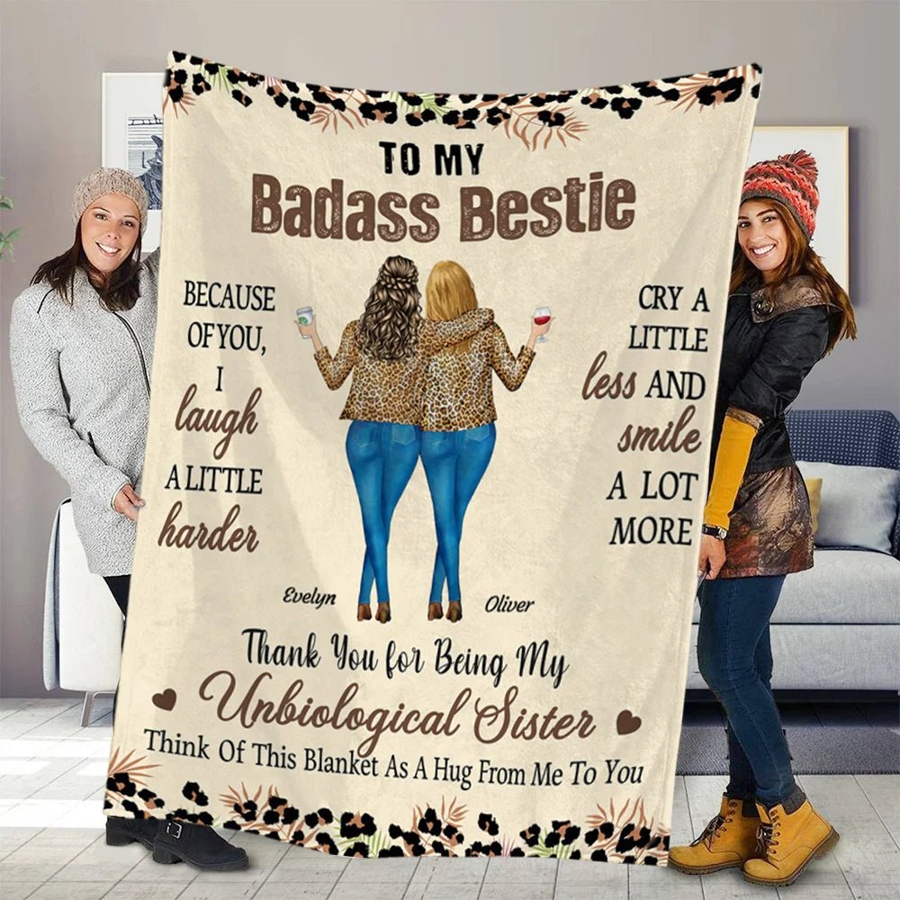 Personalized Leopard Print 2 - 4 Cartoon Characters Soft Throw Blanket with Name Home Decor Birthday Gift for Sisters Besties 64709632 - DiyGiftly