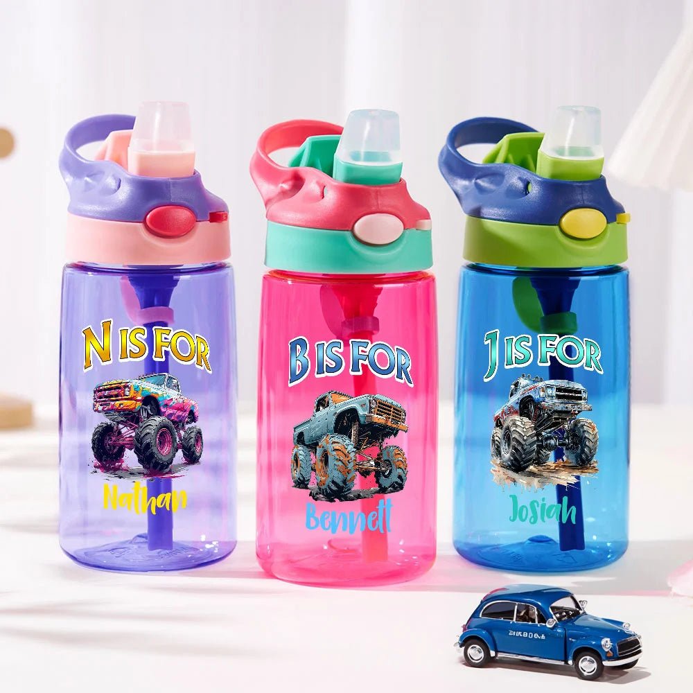 Personalized Monster Truck 16 oz Kid Water Bottle with Straw Initial and Name Birthday Back to School Gift for Boys Girls 65610496 - DiyGiftly