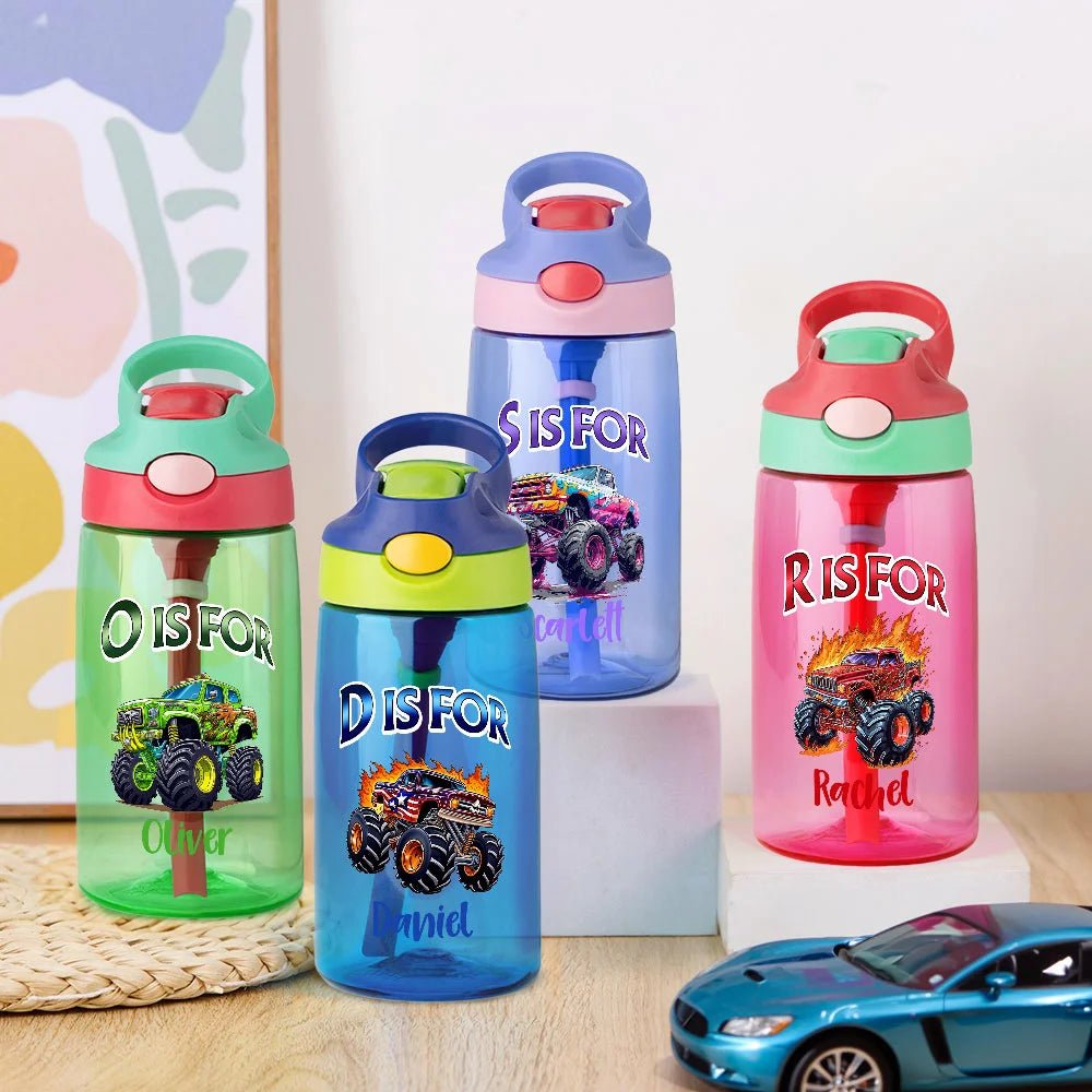 Personalized Monster Truck 16 oz Kid Water Bottle with Straw Initial and Name Birthday Back to School Gift for Boys Girls 65610496 - DiyGiftly