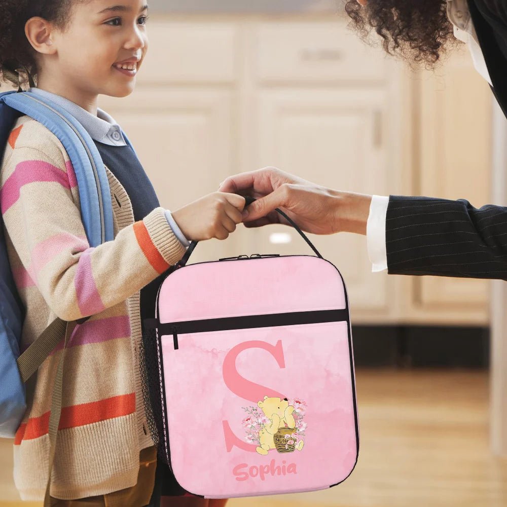 Personalized Multicolor Cute Classic Winnie the Pooh Initial Lunch Bag Lunch Bag with Name and Mesh Pocket Back to School Birthday Gift for Kids 36097024 - DiyGiftly