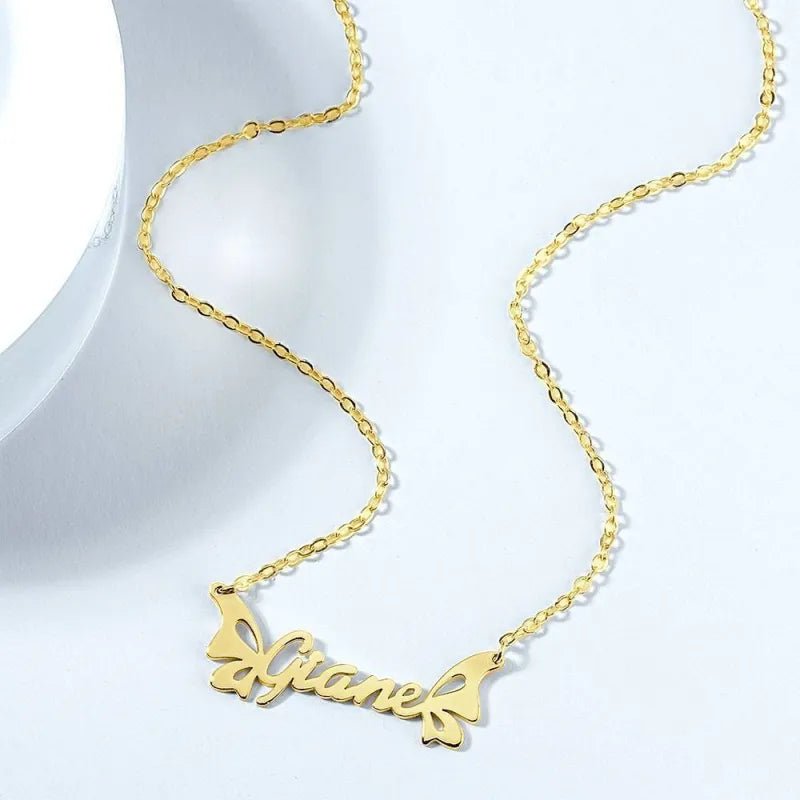 Personalized Name 14K Gold Butterfly Necklace Valentines Gift For Her - DiyGiftly