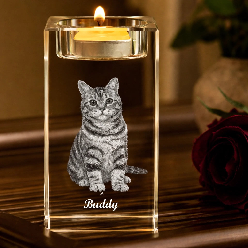Crystal Custom Photo and Name 3D Crystal Candle Holder Loss of Cat Gift for Elegant Memorial Display